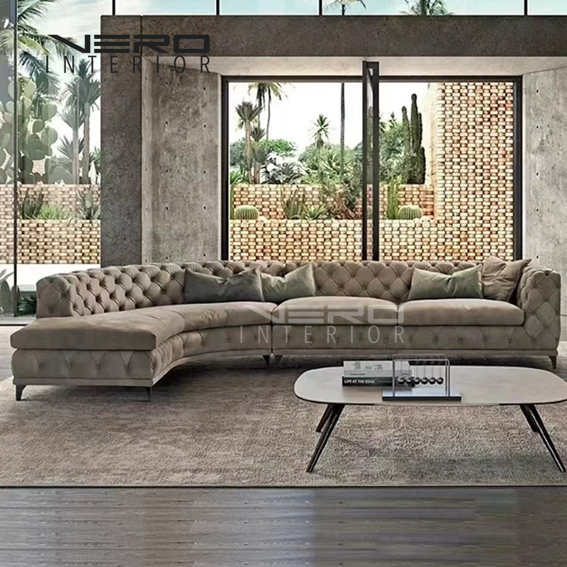 American Retro Light Luxury Sofa Living Room Modern Minimalist Designer Large Flat Villa Buttoned Curved Fabric Sofa