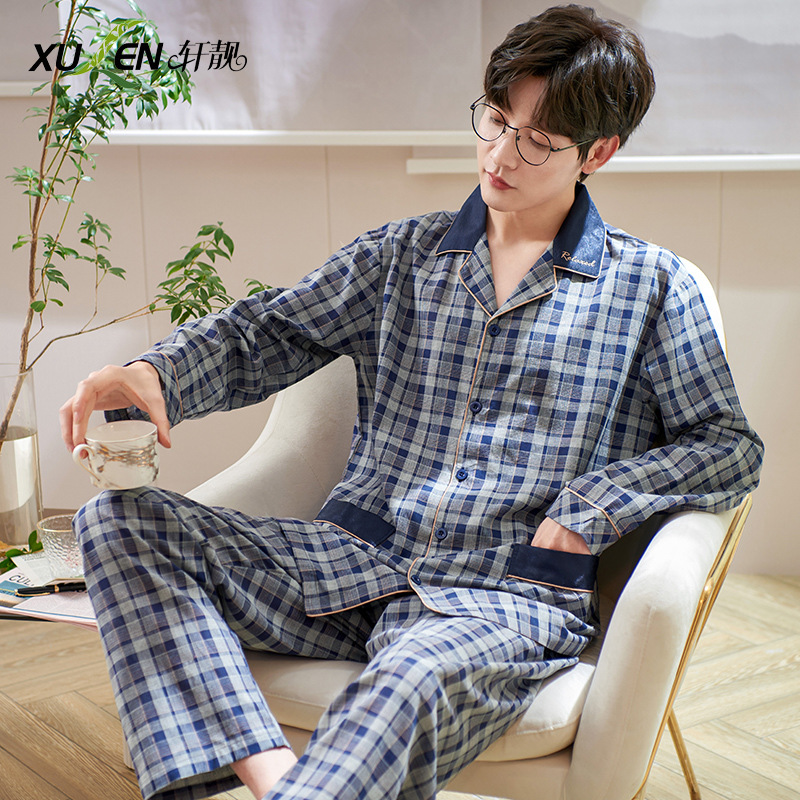 Nuevos pijamas de los hombres de primavera y otoño Delgado 100% algodón cardigan de manga larga a cuadros de los hombres de desgaste del hogar traje de dos piezas