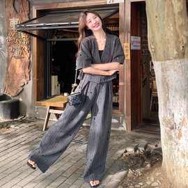 感灰色条纹短袖西装套装女夏气质通勤慵懒松弛感阔腿裤两件套