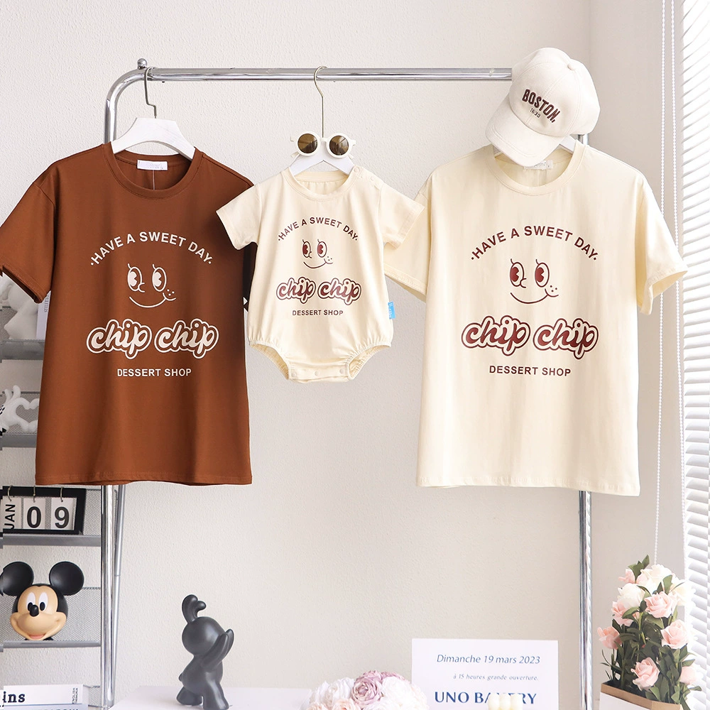 Douyin fanfare parent-child clothing 2025 new Korean version family three and four cartoon short-sleeved mother and child mother and daughter baby crawling clothes