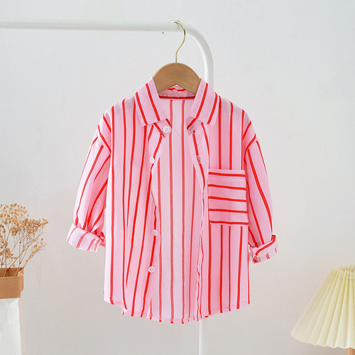 Girls' Summer Short Set Korean Style Striped Long Sleeve Shirt + V-Neck Pants Three-Piece Set