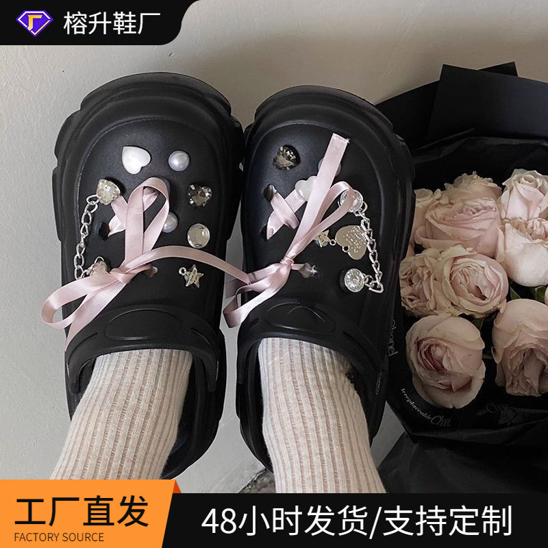 DIY Ballet Style Thick Sole Cave Shoes Women's 2024 Summer Black Sandals Heightened Non-Slip Super Soft Slippers