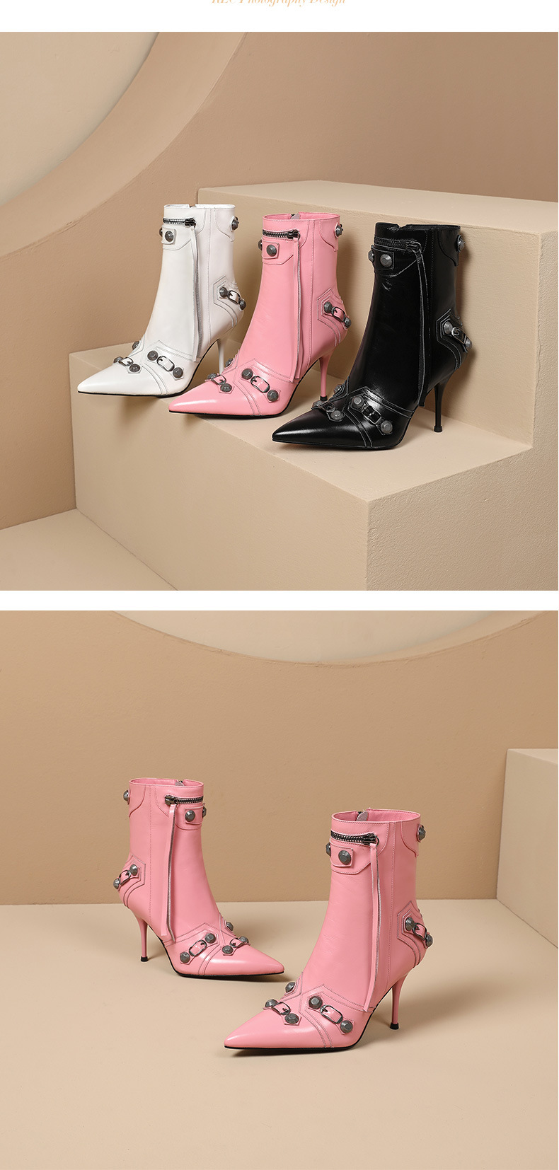 Boot ngắn mũi nhọn đinh tán phong cách punk gót nhọn dây kéo bên màu đen — Màu đen (lót nhung) chi tiết 4
