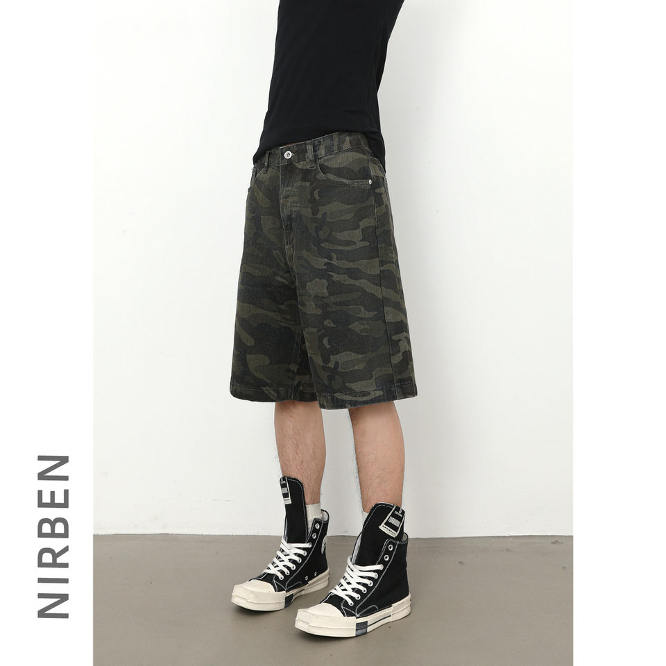 Quần short nam denim họa tiết rằn ri phong cách công sở đi biển — Màu trắng, Màu đen, Màu đất gỉ sét, Ngụy trang màu mơ