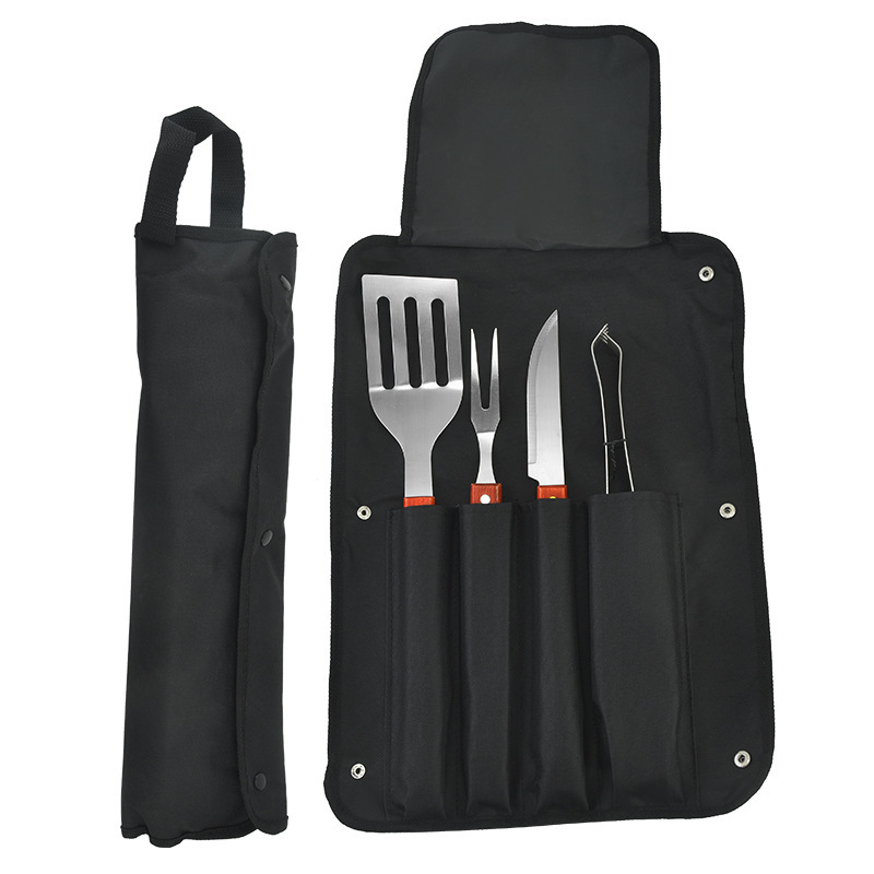 Delantal de bolsa de tela, juego de cuatro piezas, mango de madera largo rojo, cuchillo y tenedor de barbacoa, clip de comida, juego