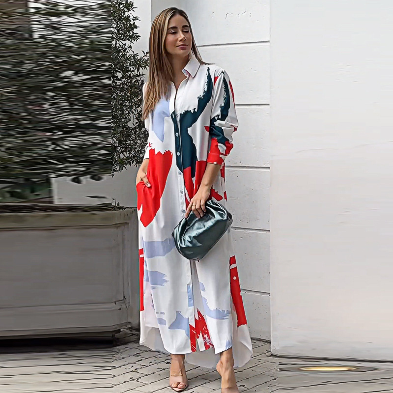 2024 Spring Women's Independent Station European and American Fashion Casual Printed Loose Split Long Shirt Shirt dress