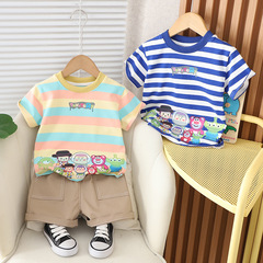 男童夏季套裝夏裝2024新款洋氣兒童寶寶夏天衣服條紋短袖兩件套潮