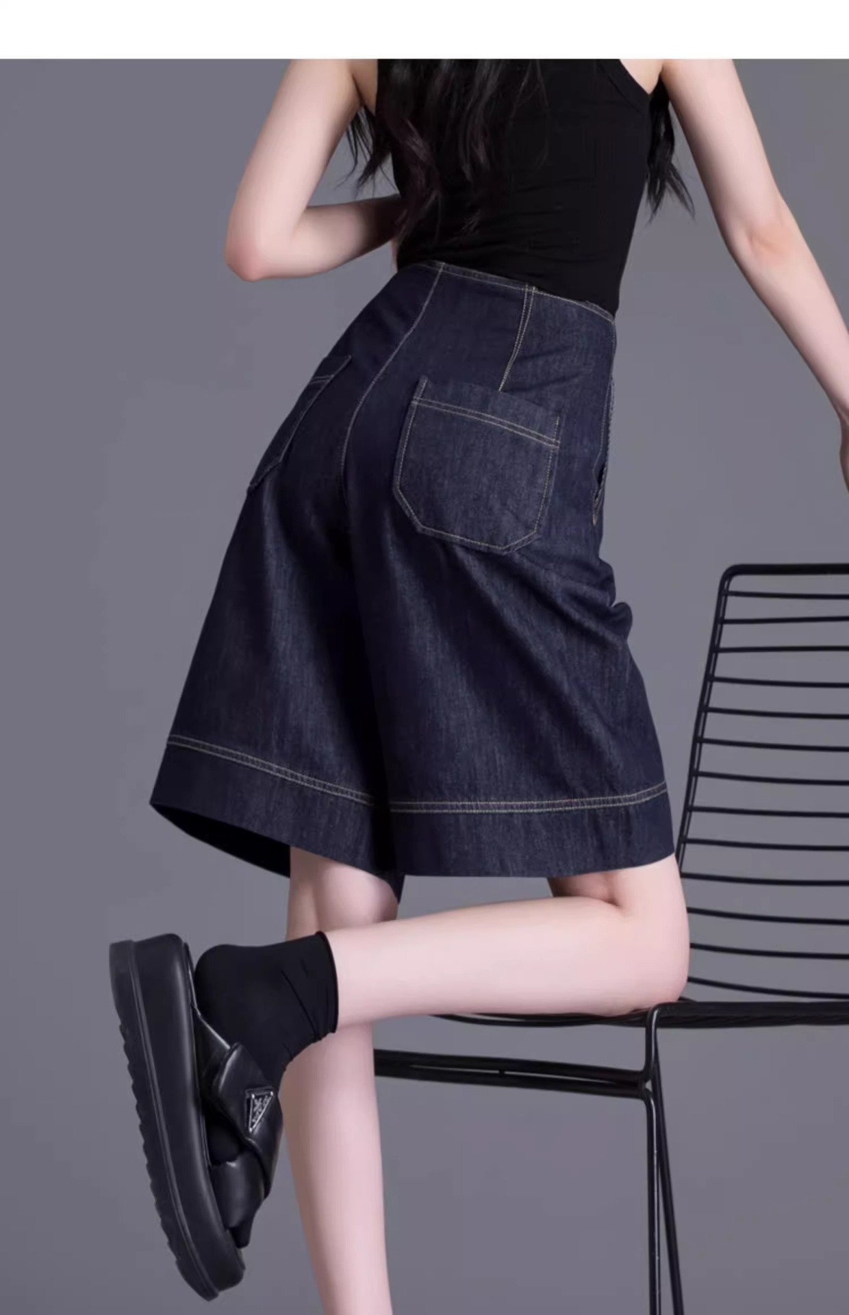 Quần short denim nữ dáng rộng ống suông mùa hè — Xanh denim chi tiết 6