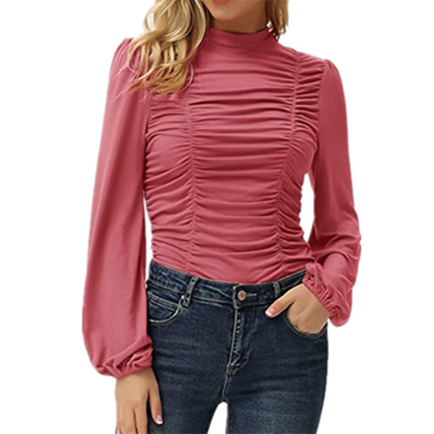 Solid Color Lantern Sleeved High Collar Pleated T-Shirt NSYHY106865