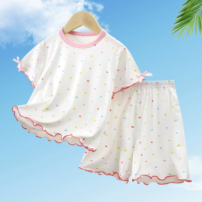 Новый летний комплект пижамы с короткими рукавами и шортами для девочек, тонкая детская домашняя одежда с кондиционером из модала и воротником с рюшами.