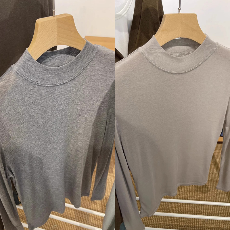 テンセルウールマスクTシャツレディース初秋薄手長袖右肩トップス白インナーハーフタートルネックボトリングシャツ|undefined