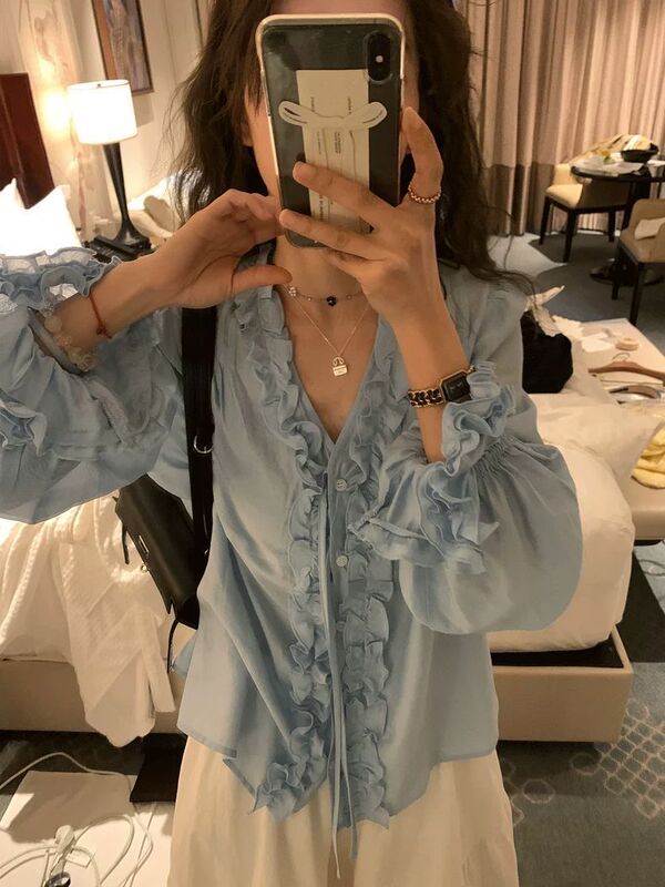 韩系春秋甜美衬衫女重工2025新款洋气减龄衬衣宽松显瘦边上衣|undefined