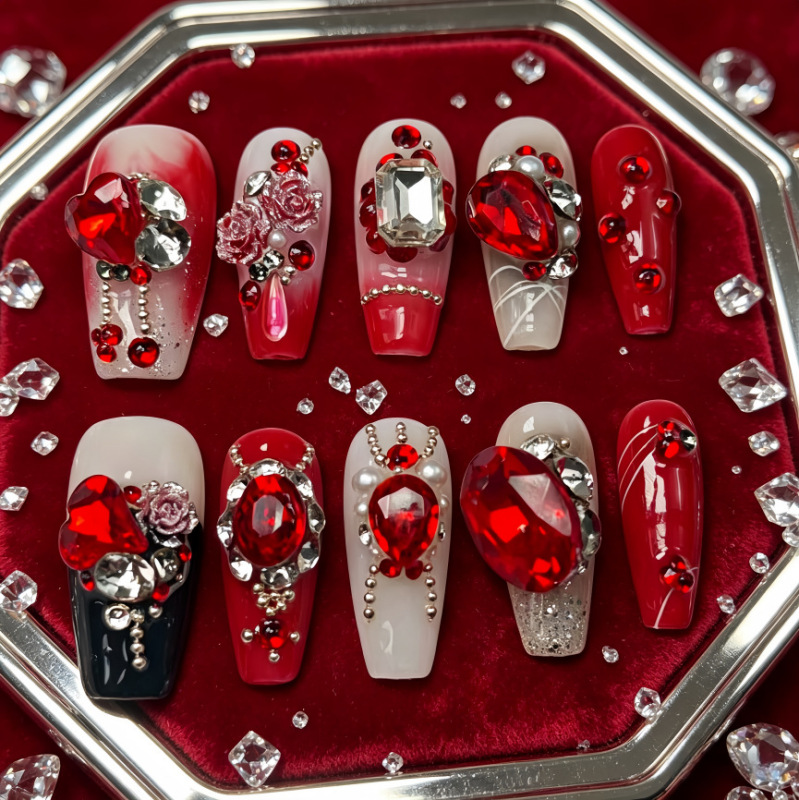 Wine Red Rhinestone Heavy-Duty Large Diamond Luxury Nail Art with Brushed Silver Foil Sequins, Noble and Elegant, Purely Handmade Wearable Nails, Versatile