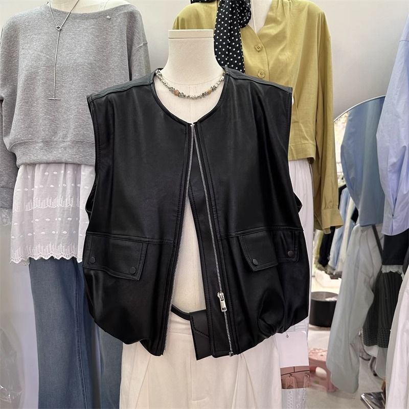 Designed Protein Leather Vest Jacket for Women 2025 Spring and Summer New Style Sleeveless Vest Vest Slimming Look Vest Leather Top