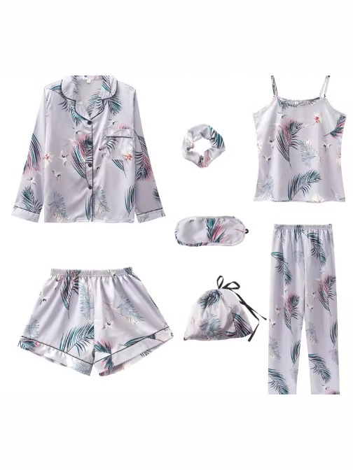 Cross-border ins2025 pijamas de primavera y otoño de mujeres siete piezas conjunto de rayas de ropa de casa coreana cuatro estaciones pijamas delgados