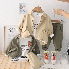 Boys work shirt set 2023 new children's shirt spring and autumn long-sleeved street autumn T-shirt three-piece set