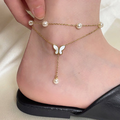 Double Butterfly Pearl Ankle Chain for Women - 2024 New Design Ankle Bracelet - Sexy Foot Chain - Titanium Steel - Non-Fading - Wholesale
