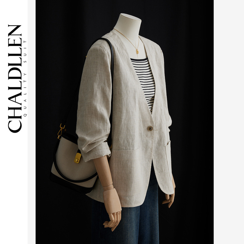 Charlene Fincantieri Linen Suit Jacket Women's Thin High-end Summer Top Collarless V-neck