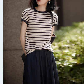 2025春夏季新款百搭条纹撞色透气天丝短袖女士圆领针织套头T恤衫