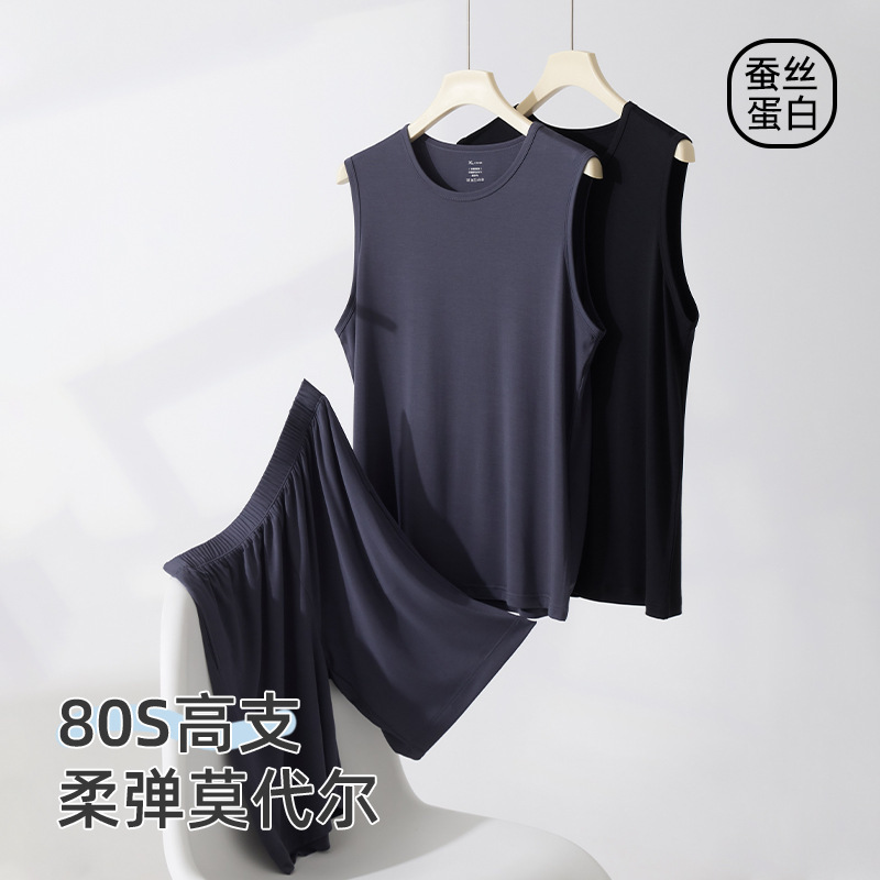 80 Modal Men's Short-sleeved Waistcoat Hurdle Vest Summer Crewneck Sleeveless Top Men's Sports Shorts Two-piece Set