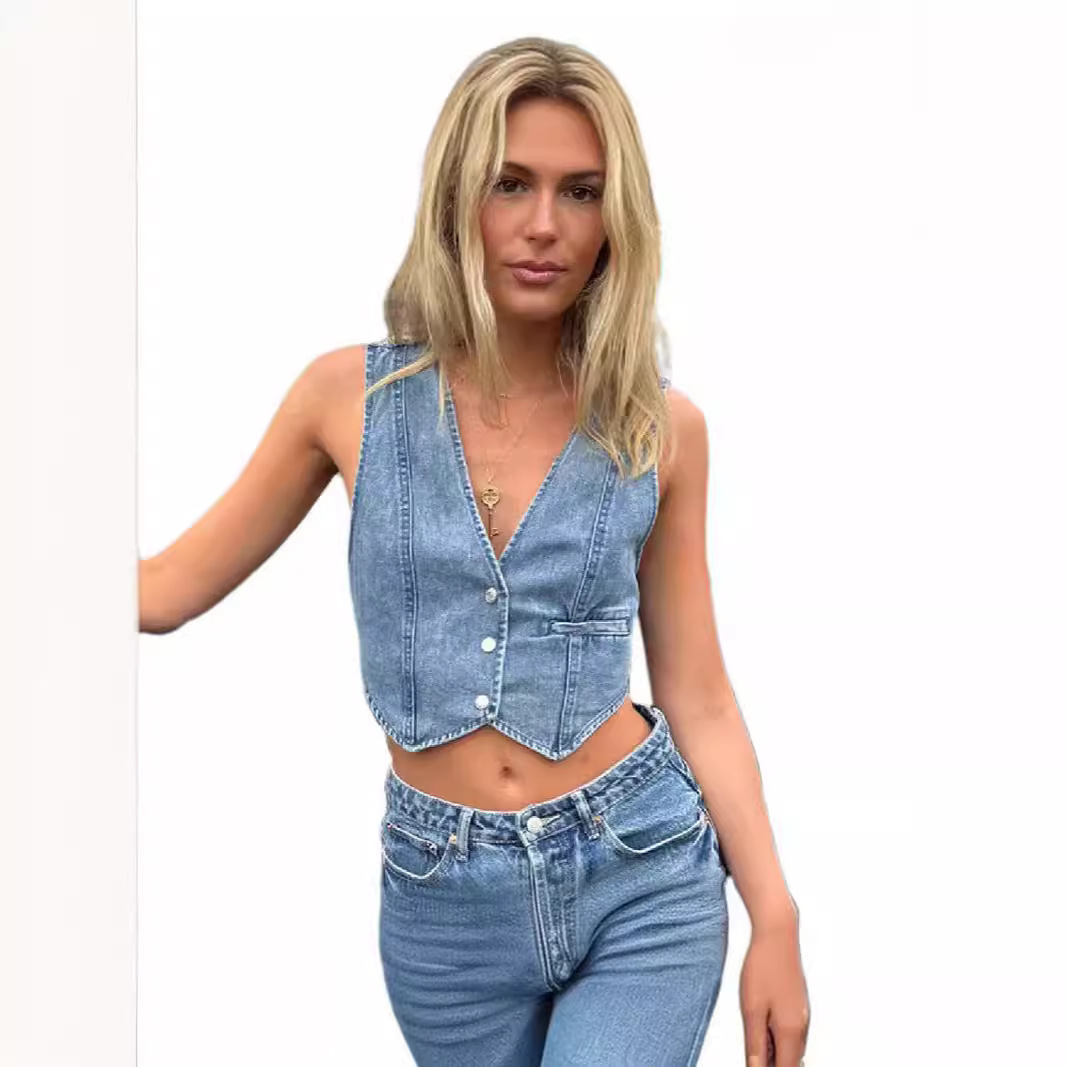 Amazon AliExpress TUME comercio exterior europeo y americano moda transfronteriza casual chaleco de vaqueros de mujer chaleco pequeño image 8