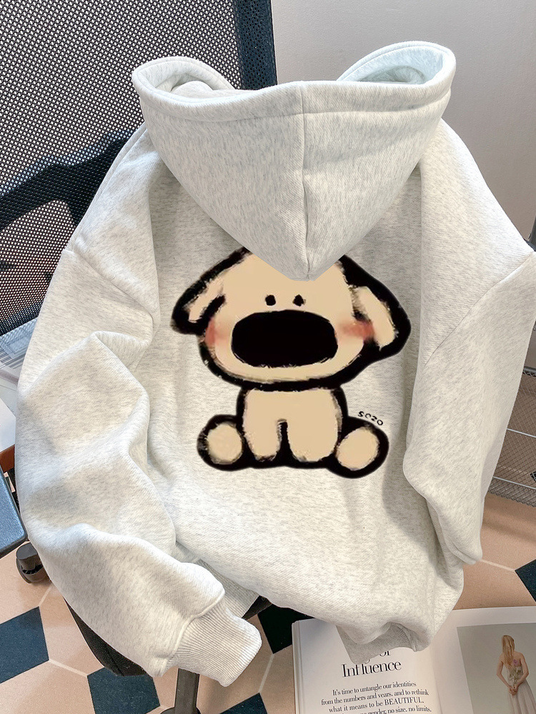美式慵懒chic狗狗印花连帽卫衣女加绒加厚冬季情侣装oversize外套