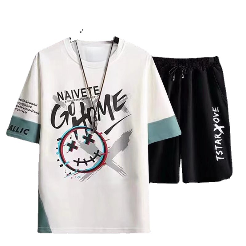 Hip hop Camiseta de manga corta de los hombres de verano de Hong Kong estilo media manga INS de moda todo fósforo camiseta casual pantalones cortos deportivos traje de dos piezas