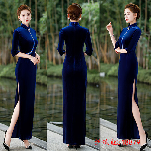 Pure color red royal blue black velvet chinese dresses cheongsam with long sleeves qipao dress vogue of new fund  winter improved young lady 