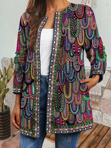 9399#Foreign Trade Cross-border Autumn and Winter New Retro Ethnic Style Printed Long Sleeve Jacket Cardigan Women's Top