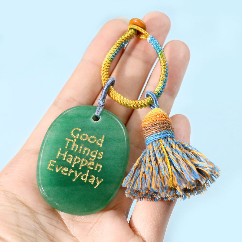 Good Things Happen Natural Pink White Crystal Agate Power Encouragement Stone Drilled and Engraved Cup Pendant Bag Keychain Accessory