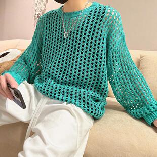 Summer knitwear men's fashion brand Hollow Fishing net eye design sense anti-wrinkle blouse trendy long-sleeved sweater bottoming shirt