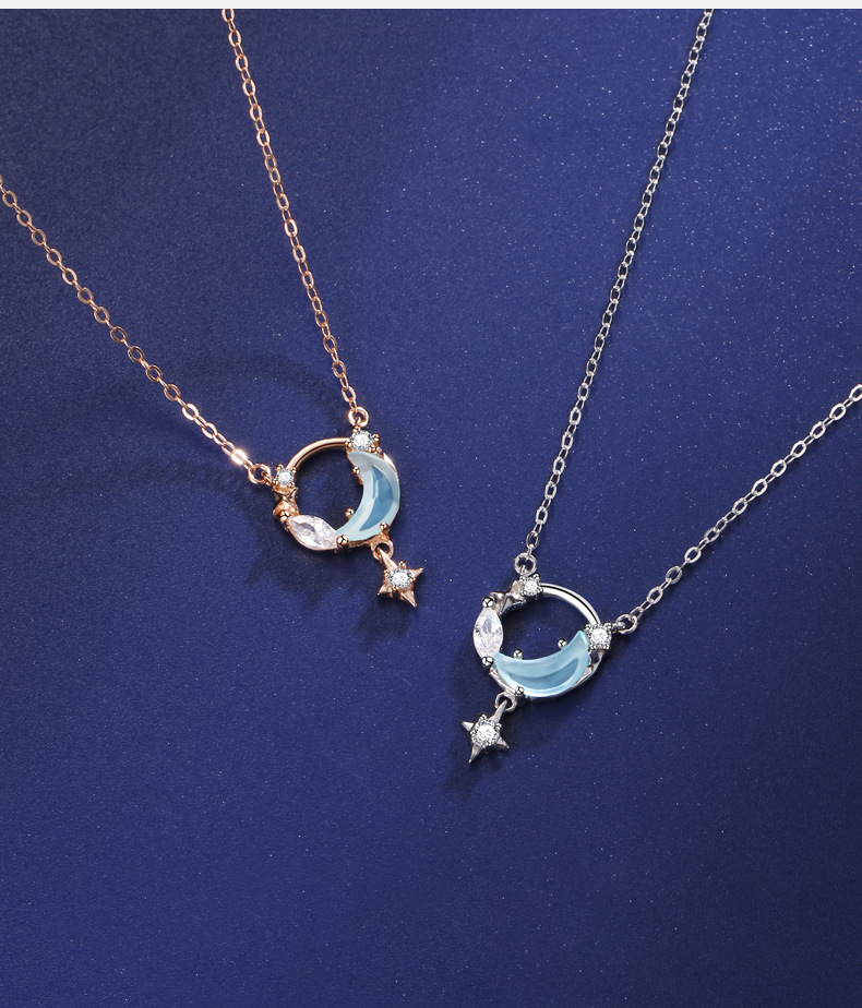 1 Piece Quantity Shopping Occasion 925 Sterling Silver Material Moon Pattern 925 Sterling Silver Zircon Cable Chain Inlay Moon Pendant Necklace