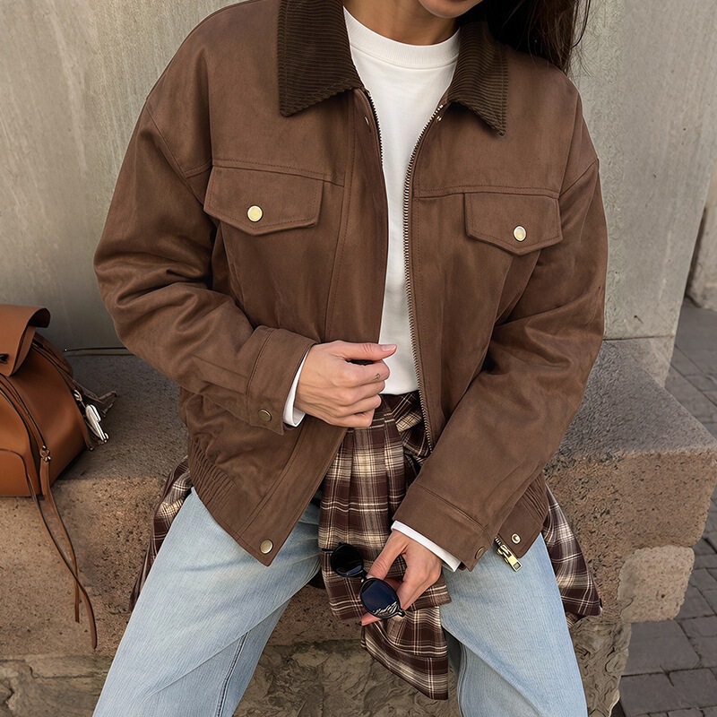 European and American cross-border foreign trade jacket, trendy and fashionable, loose-fitting women's coat with a turn-down collar, new autumn zip-up jacket for women European and American cross-border foreign trade jacket, trendy and fashionable, loose-fitting women's coat with a turn-down collar, new autumn zip-up jacket for women
