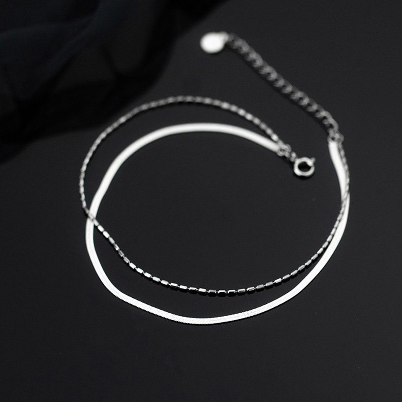 Eloki s925 plata doble cadena de hueso de serpiente plana plata cadena de tobillas de mujer coreana simple joyas de pies S4750