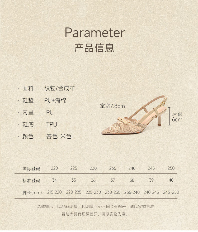 Giày sandal cao gót nữ mũi nhọn hở mũi ren lưới thoáng khí phong cách Pháp — IE109 Màu be chi tiết 12