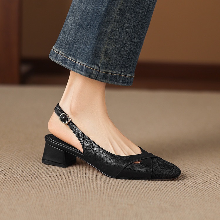Sandal cao gót nữ hở mũi da cừu lưới phối màu quai ngang khóa — màu đen, màu trắng ngà chi tiết 57