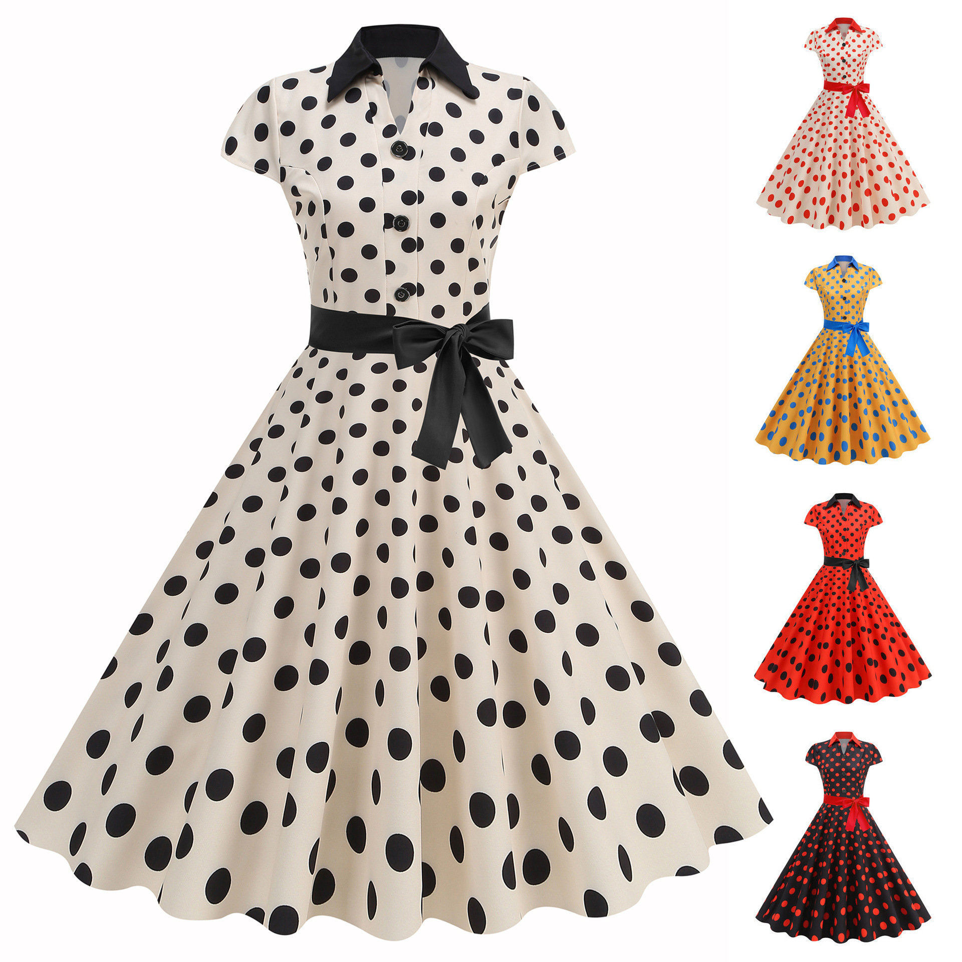 L cross-border foreign trade women's clothing European temperament professional retro stand collar wave point stitching large pendulum dress with belt