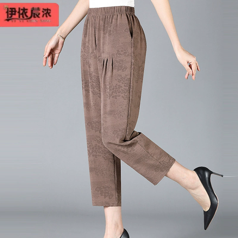 Летние новые женские брюки среднего и пожилого возраста, обтягенная талия, семиочковые шаровары, пять-шесть-десять лет, мама брюки, ледяные брюки, укороченные женские