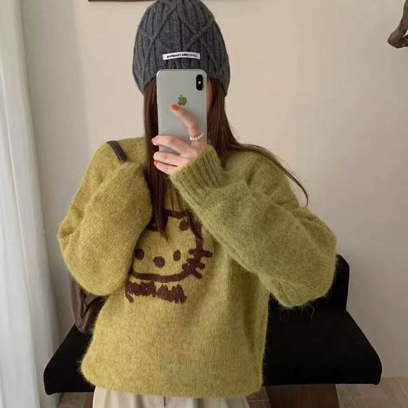 Jacquard cat print lazy style pullover sweater for women, new loose design for spring and autumn, niche thickened base knitwear