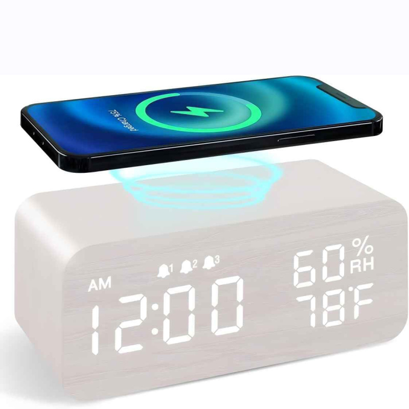 スマート LED 木製ワイヤレス充電目覚まし時計クリエイティブデジタルベッドサイド小型目覚まし時計学生特別な発光木製時計|undefined