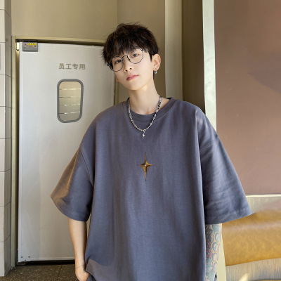Marca de moda Otoño hombres de manga corta Camiseta de algodón de los hombres cuello redondo más tamaño de grasa suelta de manga corta azul oscuro 5 image 15