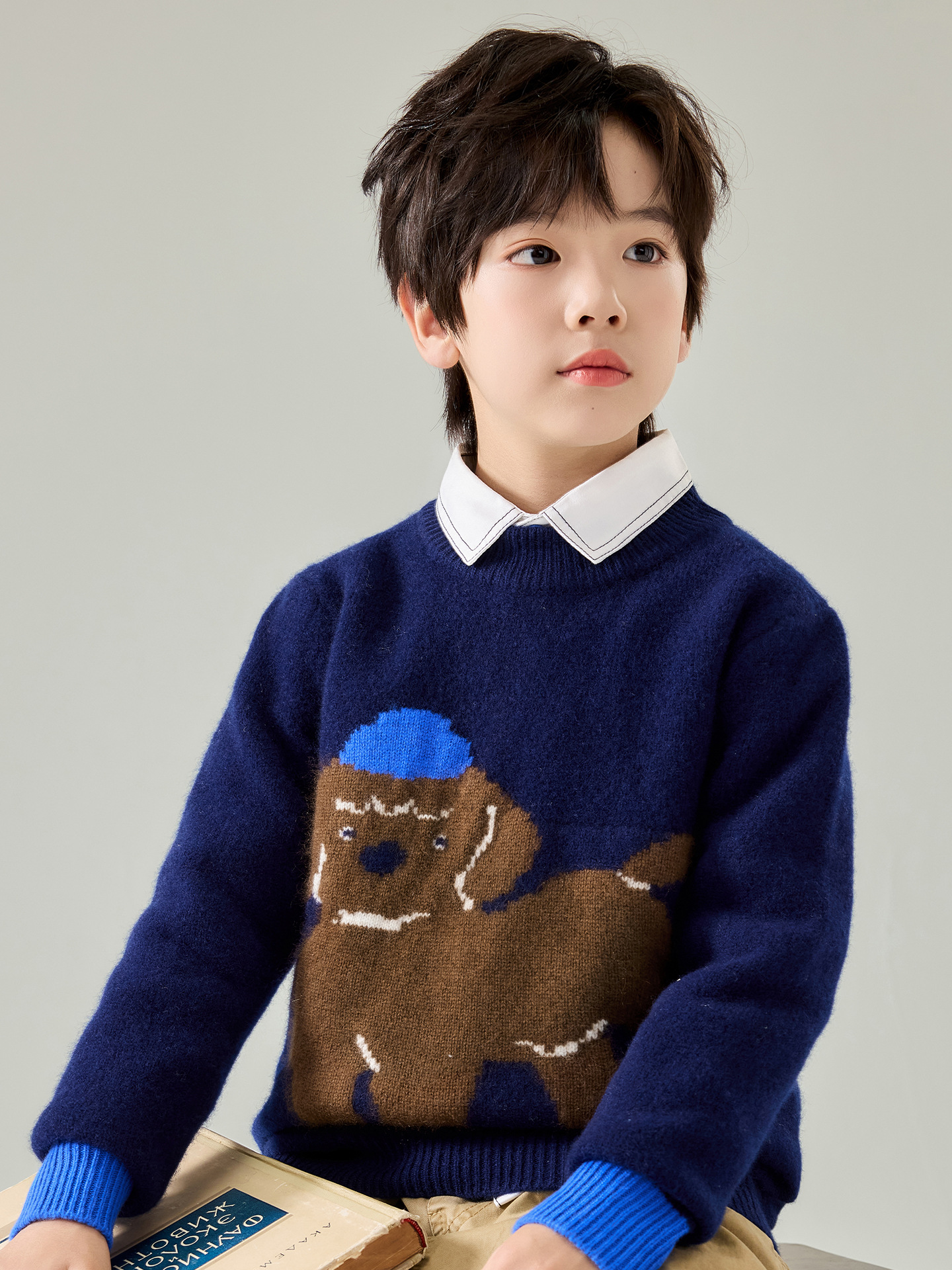 Children's wool sweater, boys' cartoon puppy round neck sweater, autumn and winter pullover children's knitted base layer top