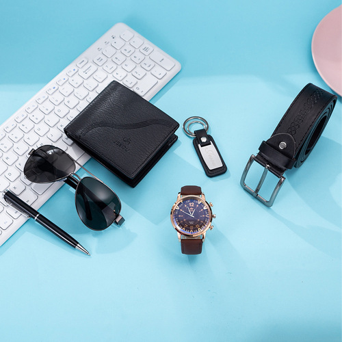 Men's watch set gift fake two-eyed quartz watch glasses + belt + wallet + keychain + + pen set