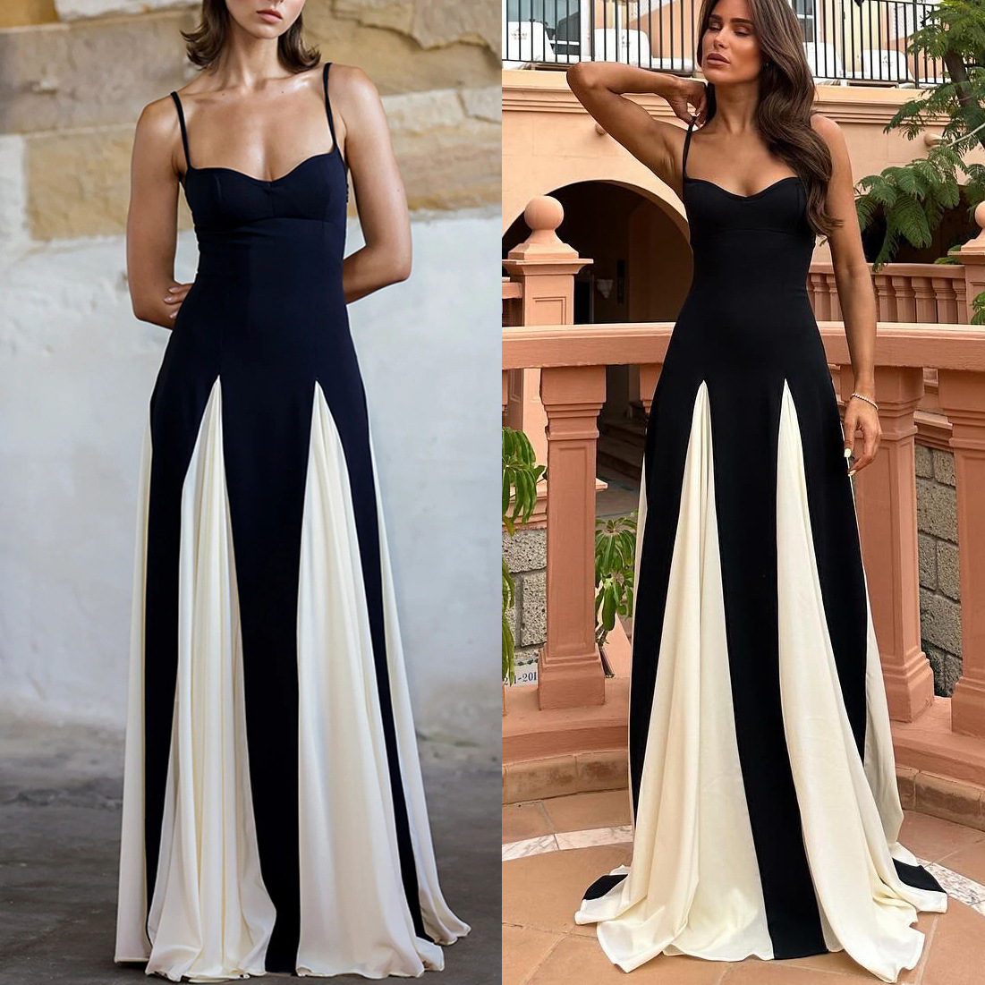 455g Weight Wholesale Women's Sexy Contrast Binding Color Block Holiday Date Strap Sleeveless Strap Dress Swing Dress