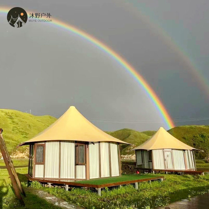 Hexagonal salvaje de vidrio completo sala de comedor tienda de campaña de alta transmisión de luz película PVDF característica patio tienda de campaña