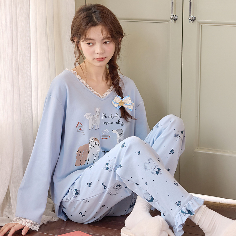 带胸垫睡衣女秋季套头长袖长裤甜美少女格子卡通可外穿秋冬家居服|undefined