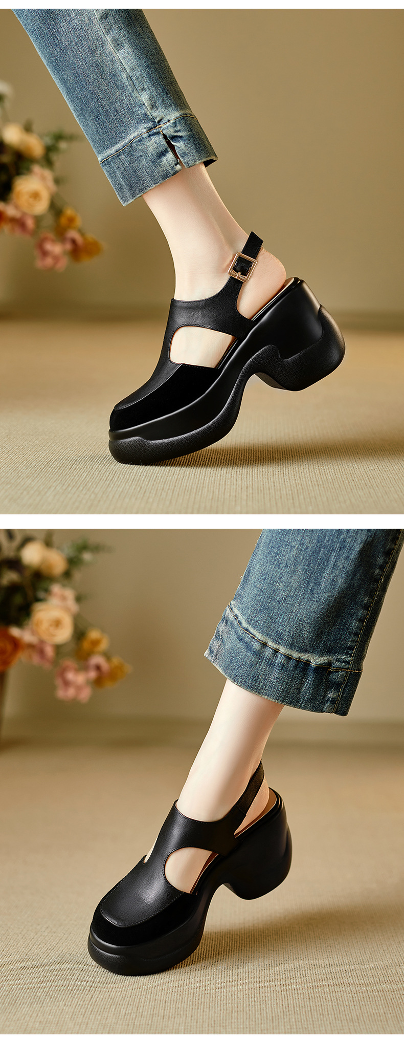 Sandal nữ da bò cao gót đế xuồng phong cách La Mã hở mũi — màu đen, màu trắng chi tiết 7