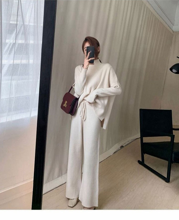Spring New Lazy Style Casual Loose Waist High Collar Sweater Wide Leg Pants Knitted Women s Piece Set_voghion.com