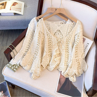 plus size Women's Spring New chubby girl French Vintage Crochet Hollow Knitted Cardigan Shawl Lace-up Outer Top