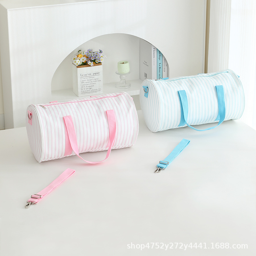 Cross-Border 2026 New Amazon Striped Canvas Travel Bag Single Shoulder Crossbody Cylindrical Tote Bag Large Capacity Wholesale